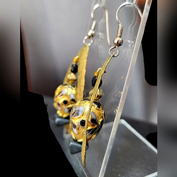 Vintage Cloisonne & Black Onyx Brass Dangle Hook Earrings - Picture 6 of 6